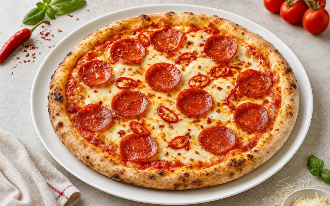 Diavola Pizza served for a UK Italian wine pairing guide