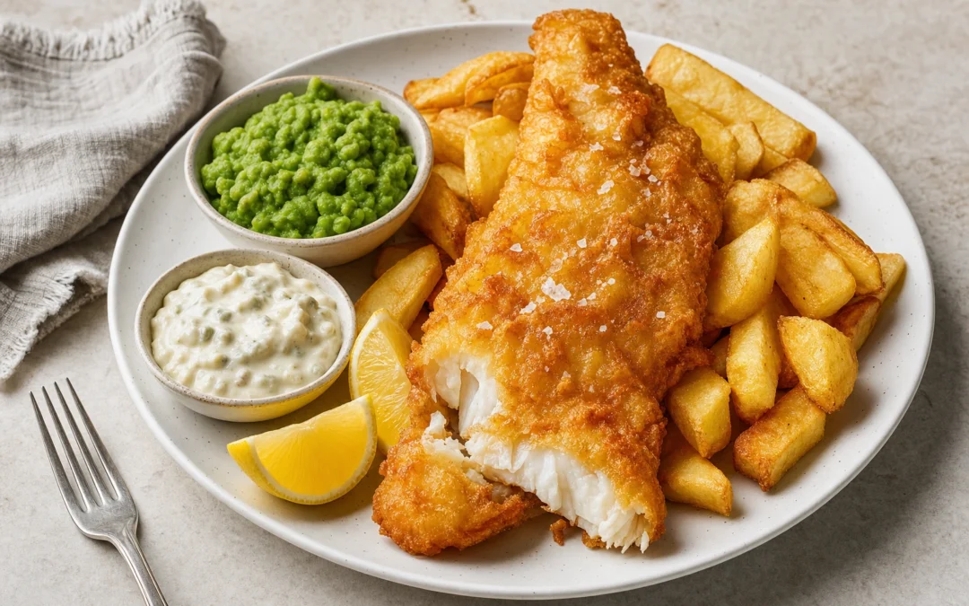 Restaurant-style fish and chips for a UK wine pairing article
