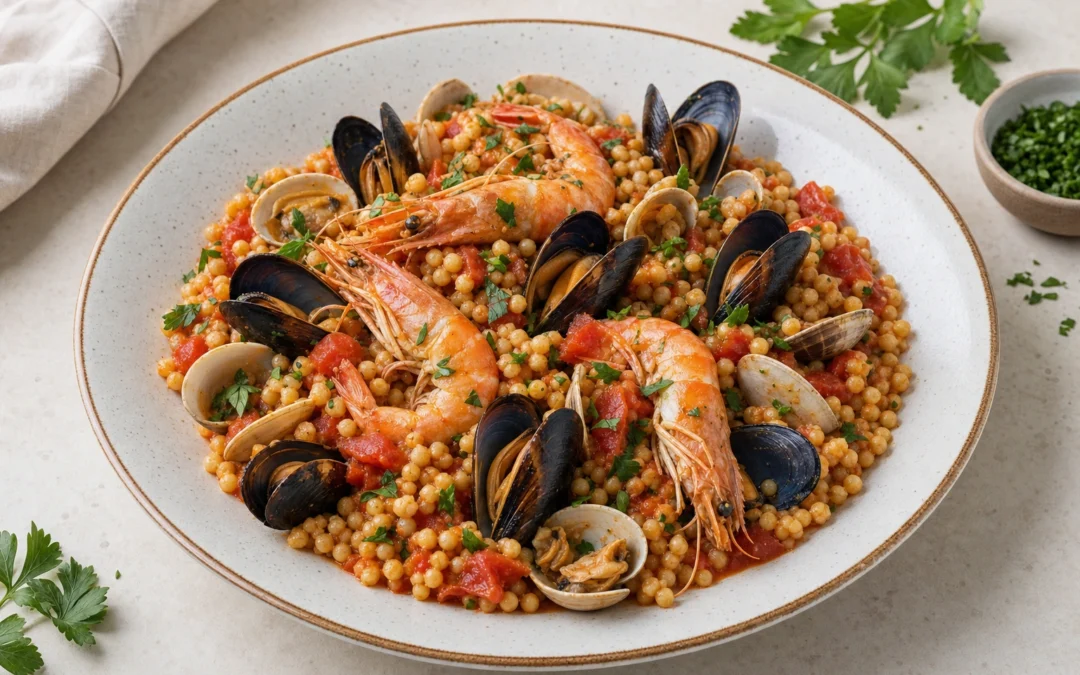Fregola with Seafood served for a UK Italian wine pairing guide