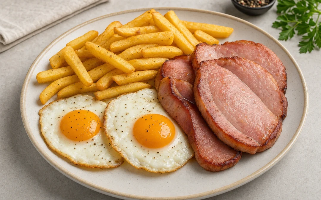 Ham Egg and Chips served for a UK Italian wine pairing guide