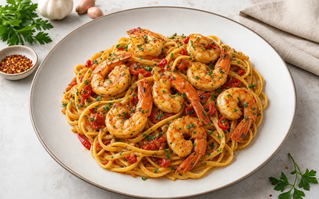King Prawn Linguine served for a UK Italian wine pairing guide