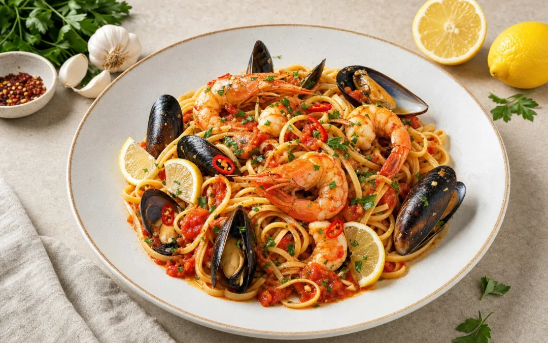 Mussel and King Prawn Linguine served for a UK Italian wine pairing guide