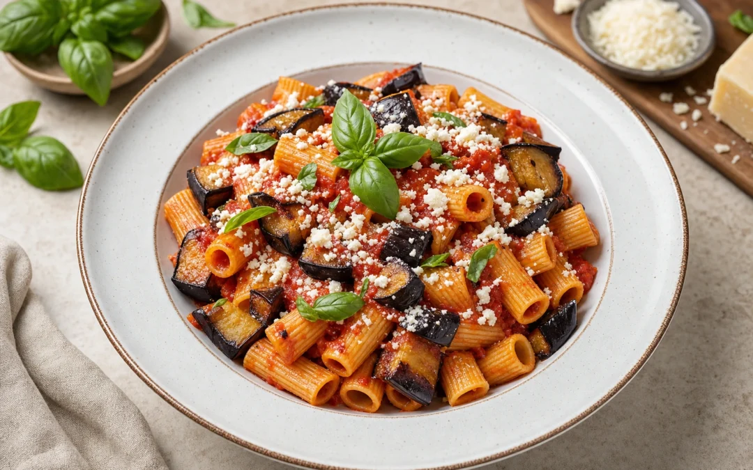 Pasta alla Norma served for a UK Italian wine pairing guide