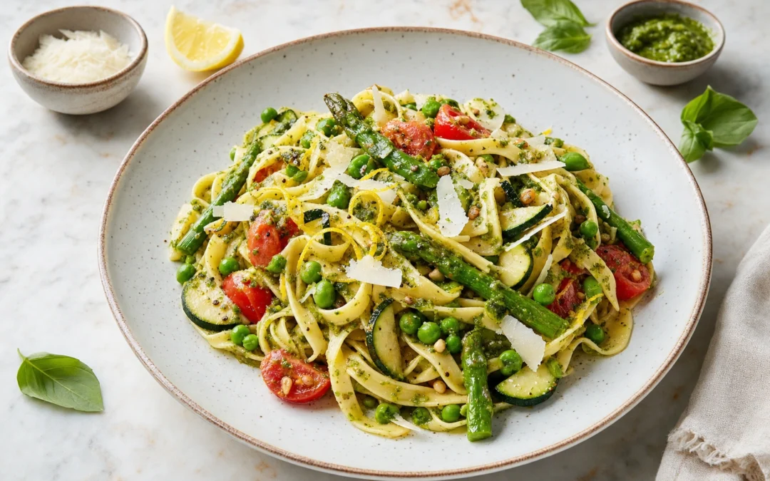 Pasta Primavera served for a UK Italian wine pairing guide