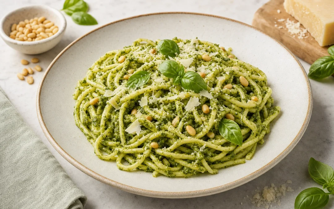 Restaurant-style pesto pasta for a UK wine pairing article