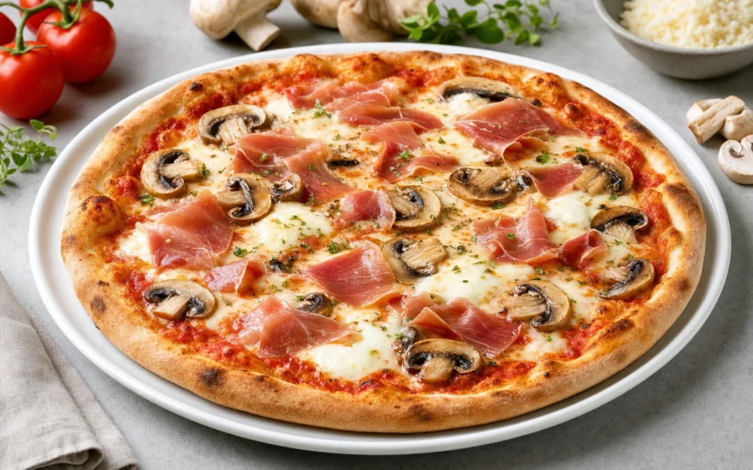 Prosciutto e Funghi Pizza served for a UK Italian wine pairing guide