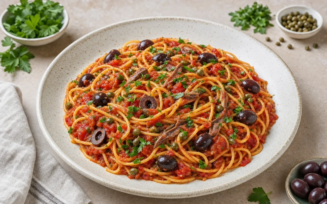 Puttanesca served for a UK Italian wine pairing guide