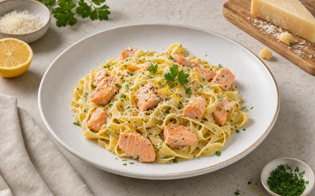 Salmon Alfredo Pasta served for a UK Italian wine pairing guide
