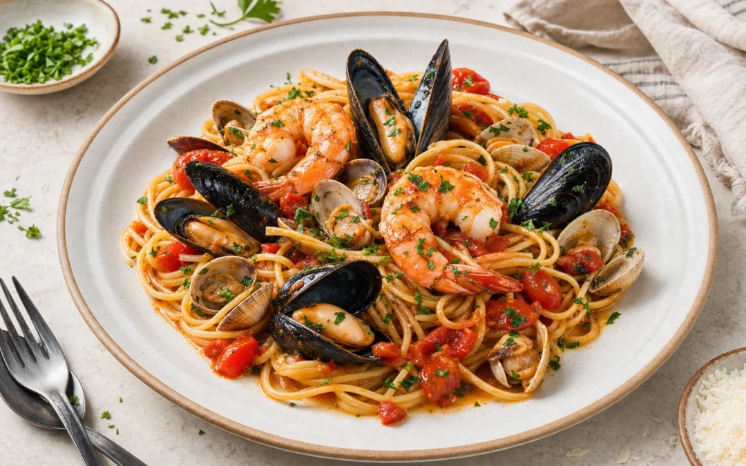Seafood Pasta dish photographed for an Italian wine pairing page