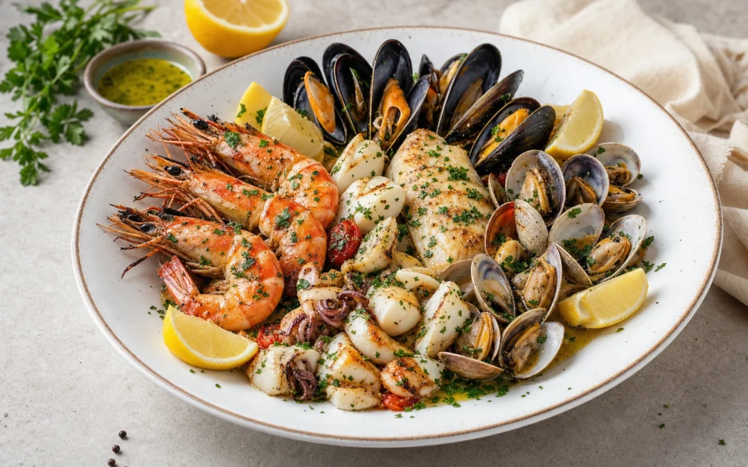 Fresh seafood platter for a UK Italian white wine pairing guide
