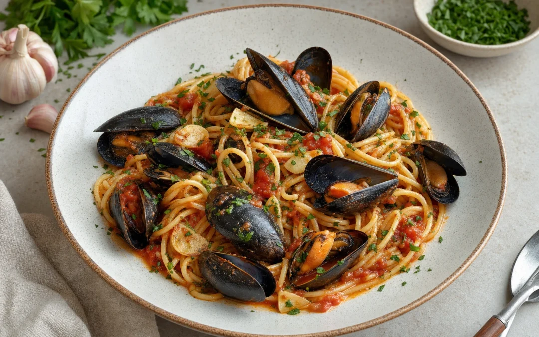 Spaghetti alle Cozze served for a UK Italian wine pairing guide
