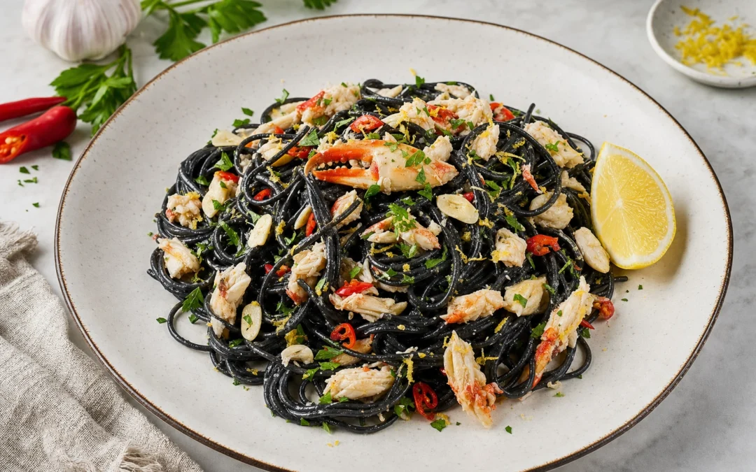 Squid Ink Spaghetti with Crab served for a UK Italian wine pairing guide