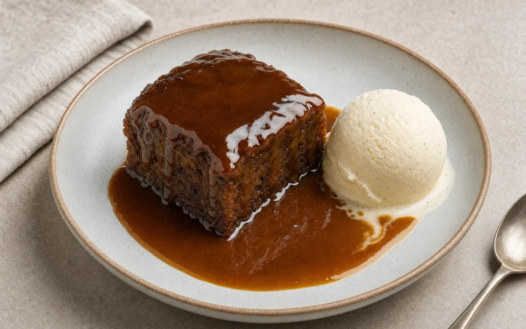 Sticky Toffee Pudding served for a UK Italian wine pairing guide