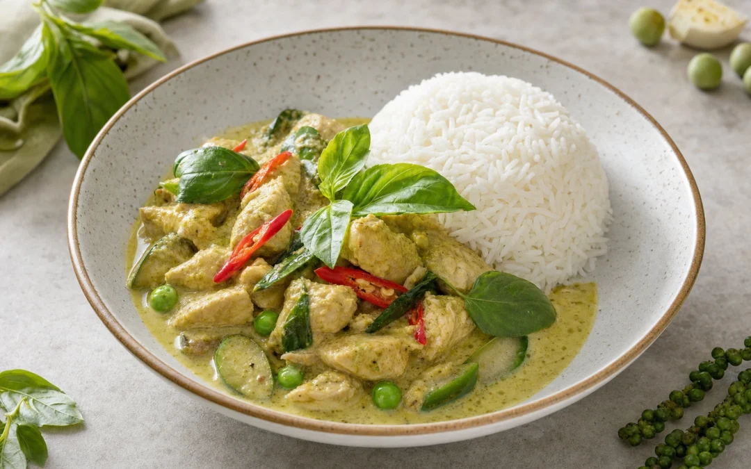 Thai Green Curry dish photographed for an Italian wine pairing page