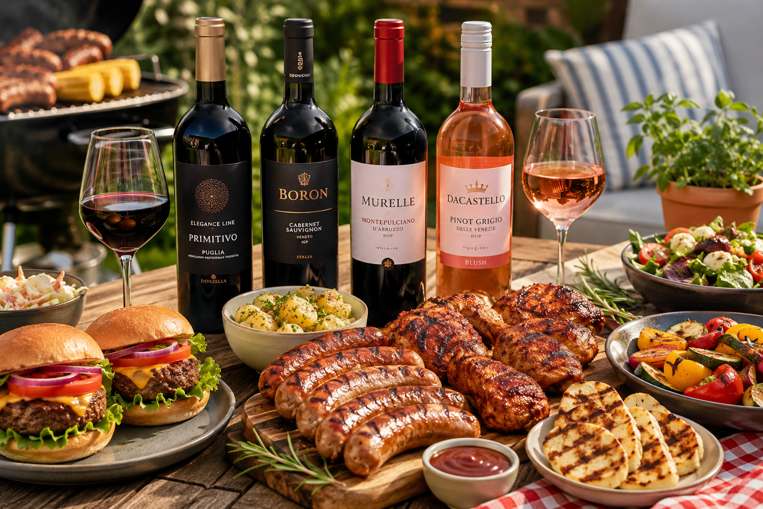 Italian wines served with BBQ food including burgers, sausages, BBQ chicken, halloumi, grilled vegetables and summer salads.