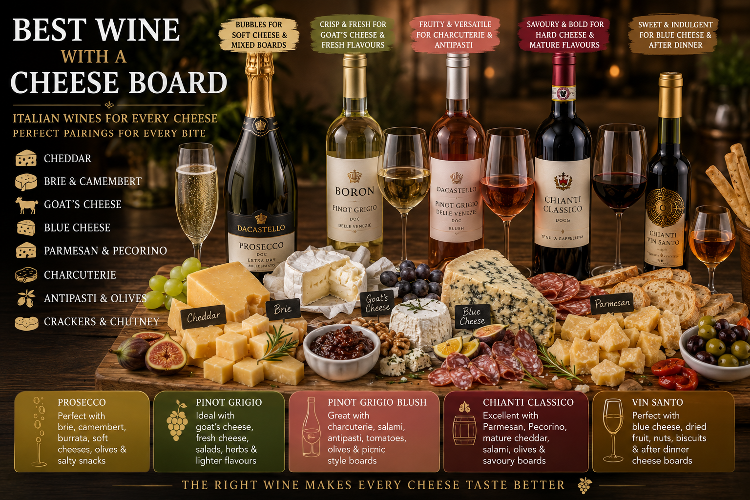Italian wines served with a cheese board featuring cheddar, brie, blue cheese, goat’s cheese, charcuterie, crackers and antipasti.