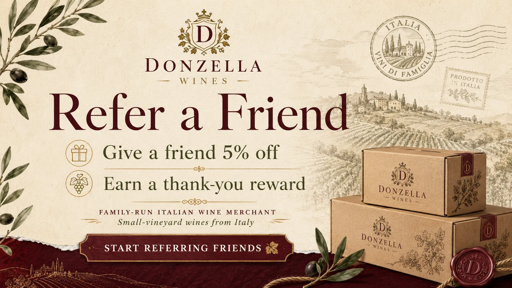 Donzella Wines Refer a Friend banner promoting 5% off for a friend and a thank-you reward for sharing small-vineyard Italian wines