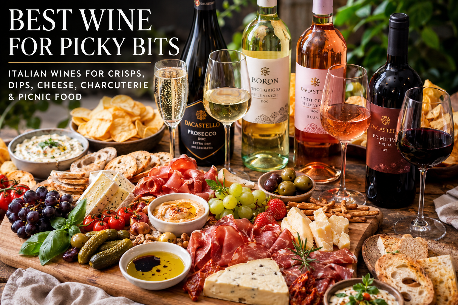 Italian wines served with a grazing board featuring cheese, charcuterie, olives, dips, crisps, bread and antipasti, showing the best wine pairings for picky bits and picnic food.