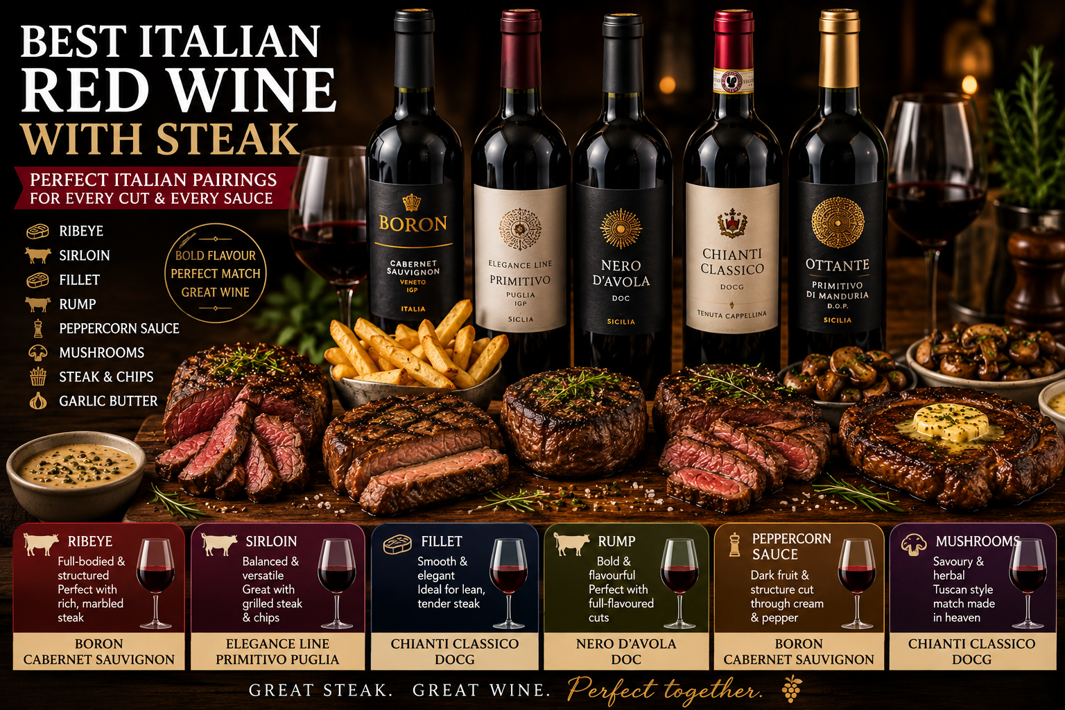 Italian red wines served with steak, ribeye, sirloin, chips, peppercorn sauce, mushrooms and garlic butter.