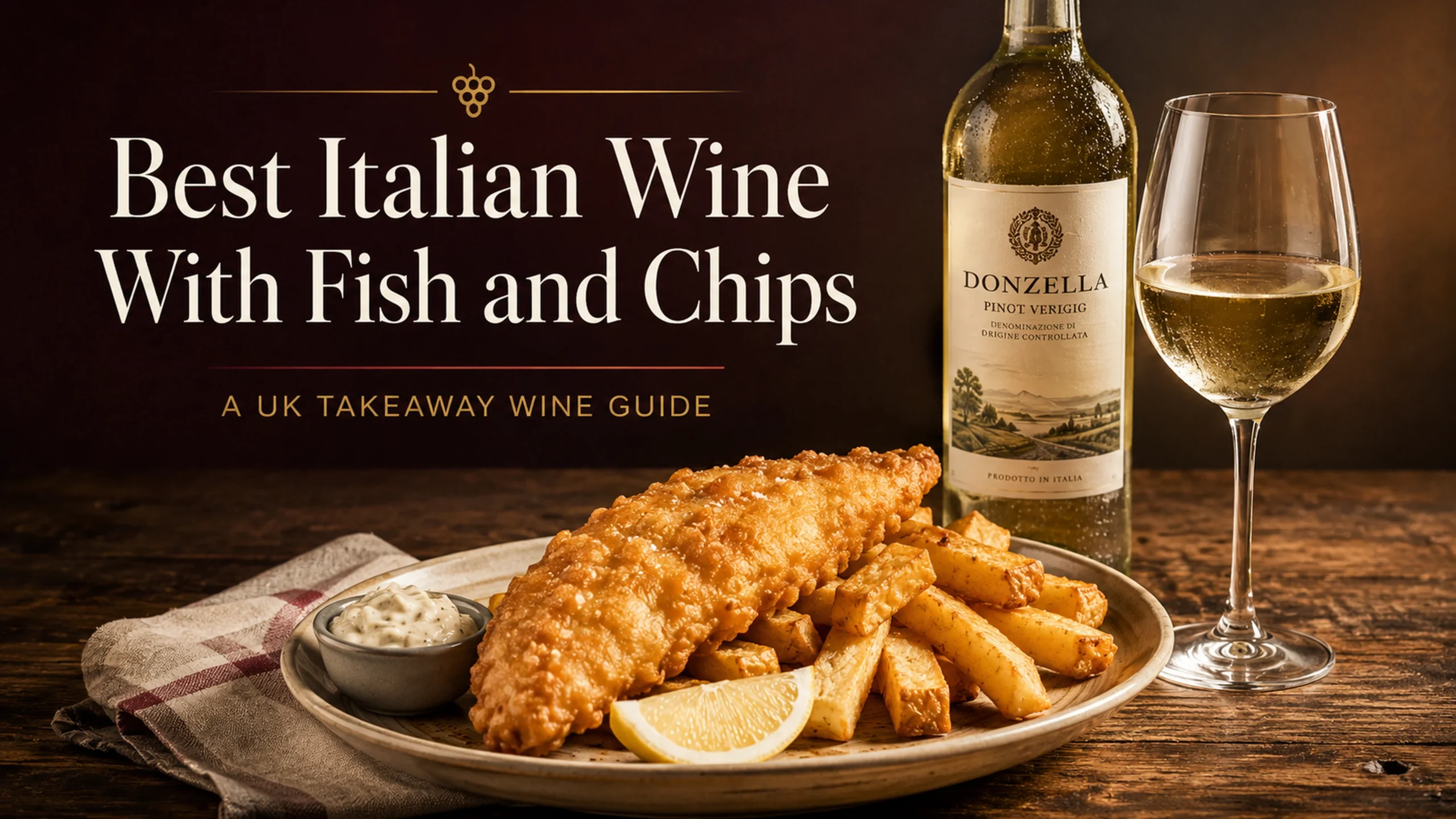 Golden fish and chips with lemon and tartare sauce beside a chilled glass and bottle of Italian white wine