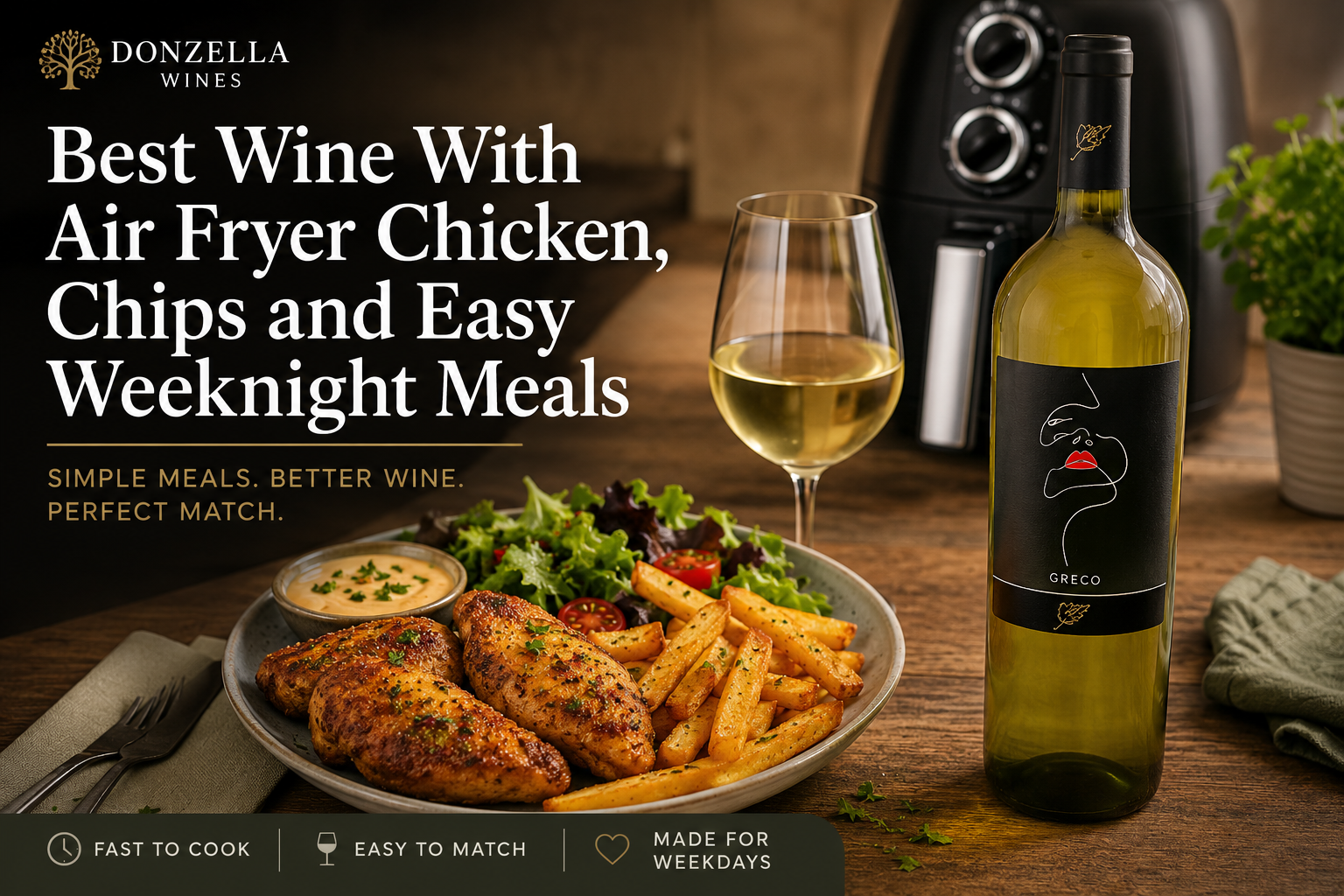 Air fryer chicken and chips with a glass and bottle of Italian Greco white wine