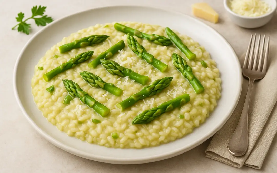 Creamy asparagus risotto with Parmesan and fresh asparagus tips, photographed for Donzella Wines’ UK Italian wine pairing guide to Asparagus Risotto