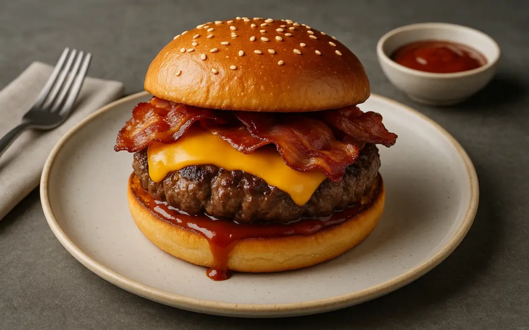 Bacon cheeseburger with beef patty, crisp bacon, cheese and smoky sauce, shown in Donzella Wines’ UK food and wine pairing guide for Bacon Cheeseburger