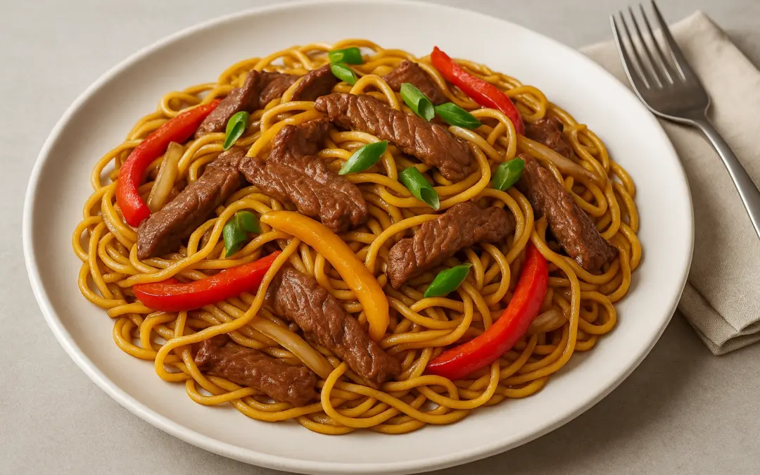 Beef chow mein with stir-fried noodles, peppers, onions and spring onion, shown in Donzella Wines’ UK food and wine pairing guide for Beef Chow Mein