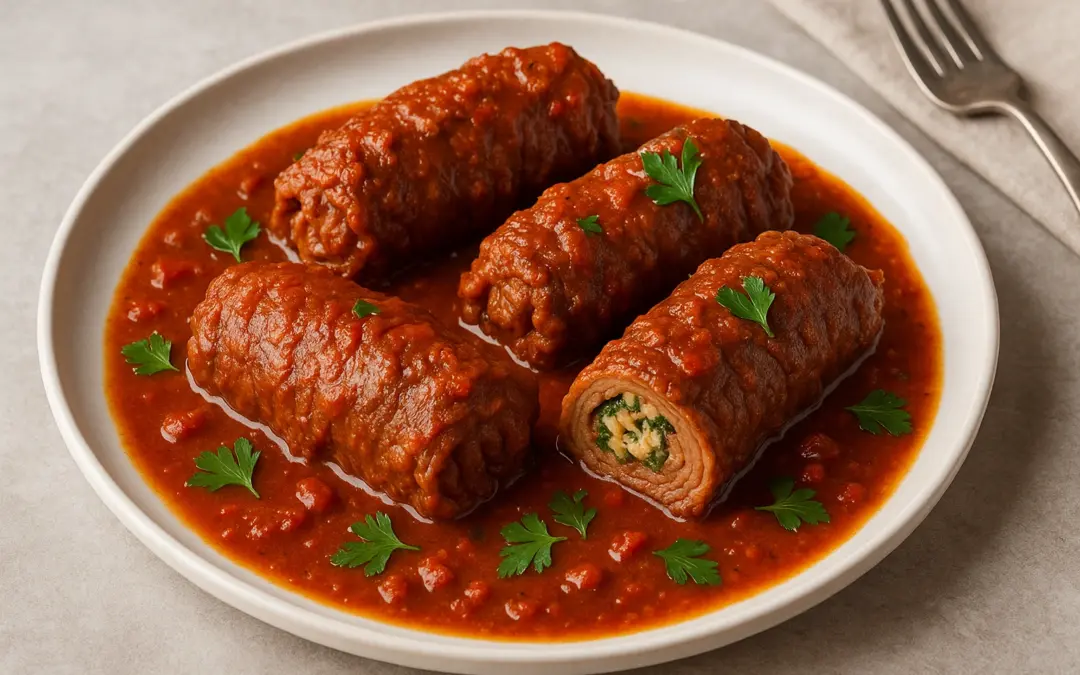Rolled beef braciole braised in tomato sauce with herbs and cheese filling, shown in Donzella Wines’ UK guide to the best wine with Braciole al Sugo