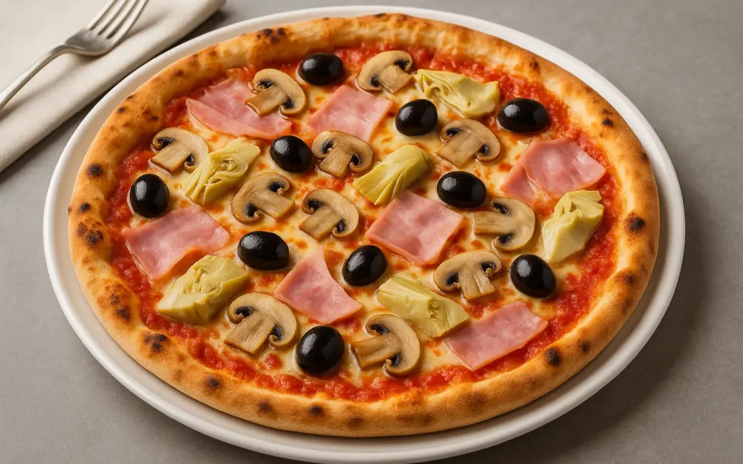 Capricciosa pizza with ham, mushrooms, artichokes, olives and mozzarella, shown in Donzella Wines’ UK food and wine pairing guide for Capricciosa Pizza