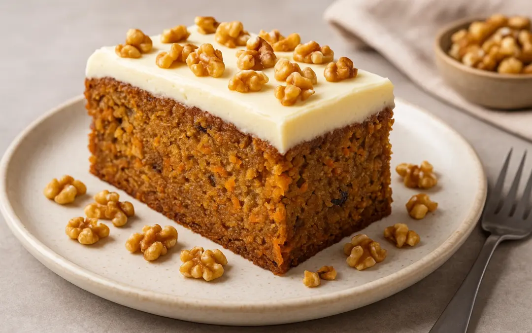 Slice of carrot cake with cream cheese icing and walnuts, photographed for Donzella Wines’ UK Italian wine pairing guide to Carrot Cake