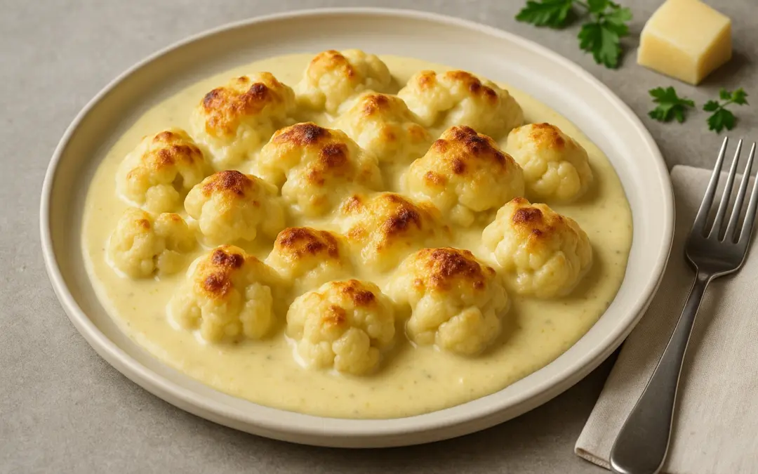 Cauliflower cheese in creamy cheddar sauce with golden baked top, shown in Donzella Wines’ UK food and wine pairing guide for Cauliflower Cheese