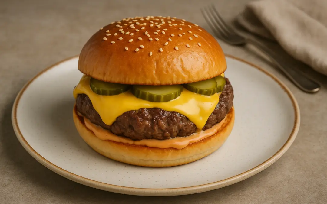 Classic cheeseburger with beef patty, melted cheese, pickles and sauce, shown in Donzella Wines’ UK guide explaining what wine goes with Cheeseburger