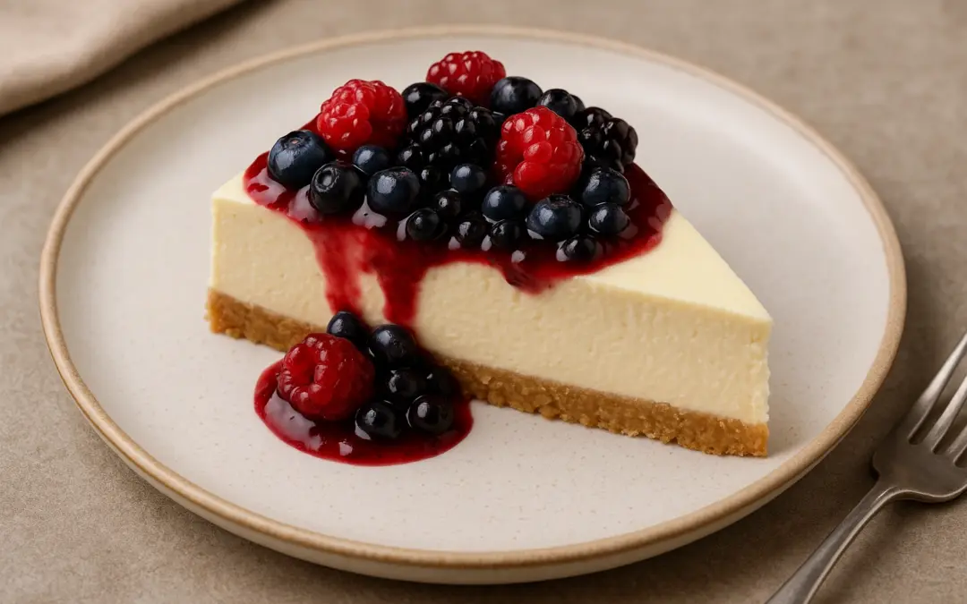 Slice of creamy cheesecake with biscuit base and berry topping, shown in Donzella Wines’ UK guide to the best wine with Cheesecake