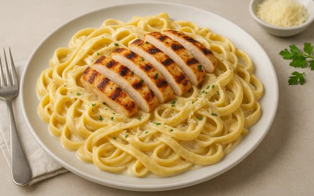 Fettuccine Alfredo with grilled chicken, Parmesan and creamy sauce, shown in Donzella Wines’ UK guide explaining what wine goes with Chicken Alfredo