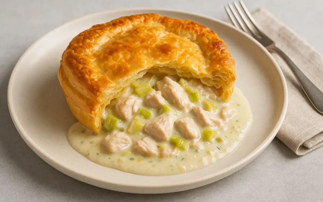 Chicken and leek pie with flaky golden pastry and creamy filling, shown in Donzella Wines’ UK guide explaining what wine goes with Chicken and Leek Pie