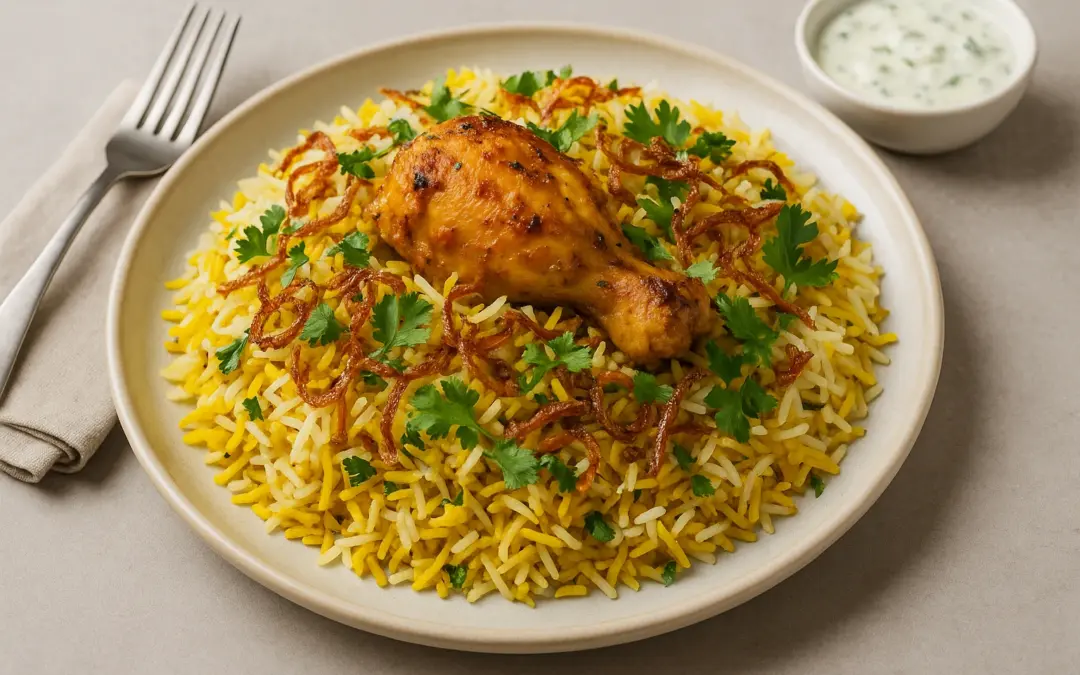 Chicken biryani with saffron rice, fried onions, herbs and raita, shown in Donzella Wines’ UK guide explaining what wine goes with Chicken Biryani