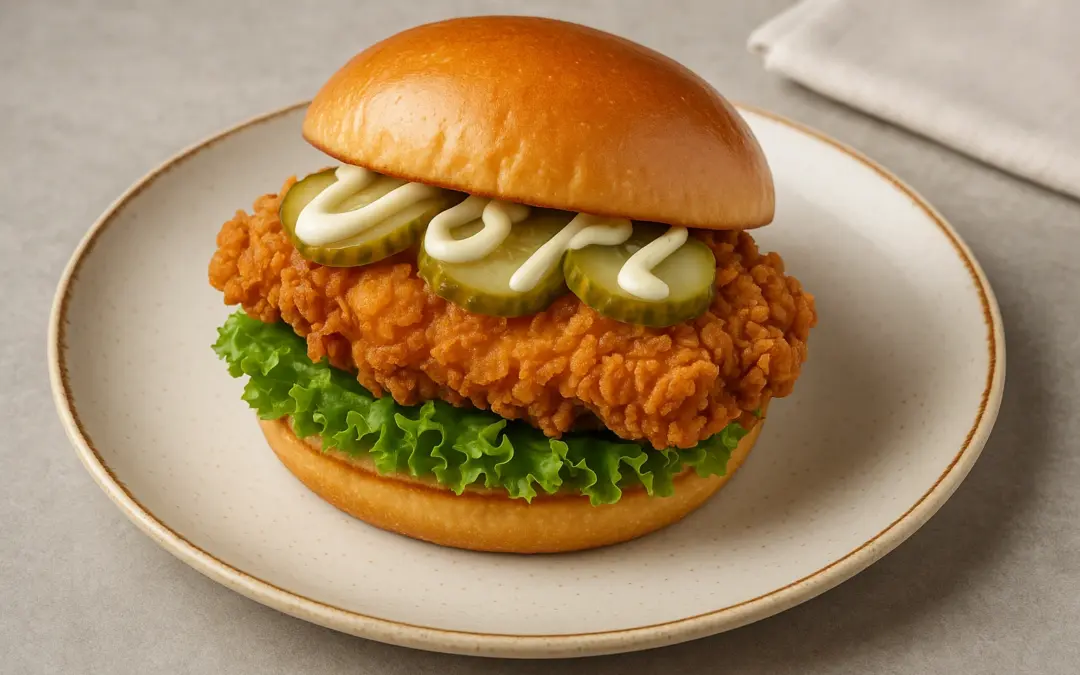 Crispy chicken burger in a bun with lettuce, pickles and mayonnaise, photographed for Donzella Wines’ UK Italian wine pairing guide to Chicken Burger