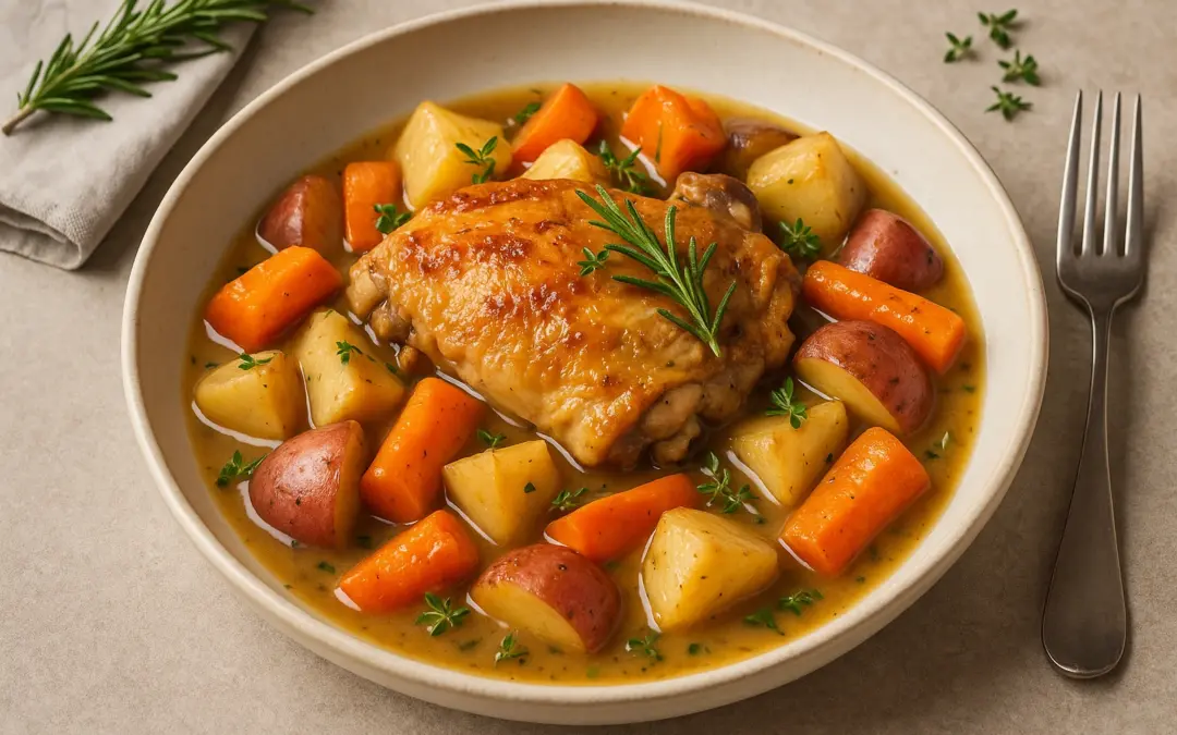 Rustic chicken casserole with root vegetables, herbs and light gravy, shown in Donzella Wines’ UK food and wine pairing guide for Chicken Casserole
