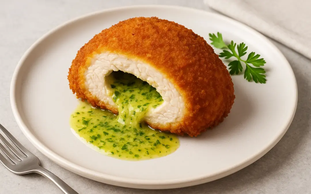 Breaded chicken Kiev cut open with garlic herb butter flowing out, shown in Donzella Wines’ UK guide explaining what wine goes with Chicken Kiev