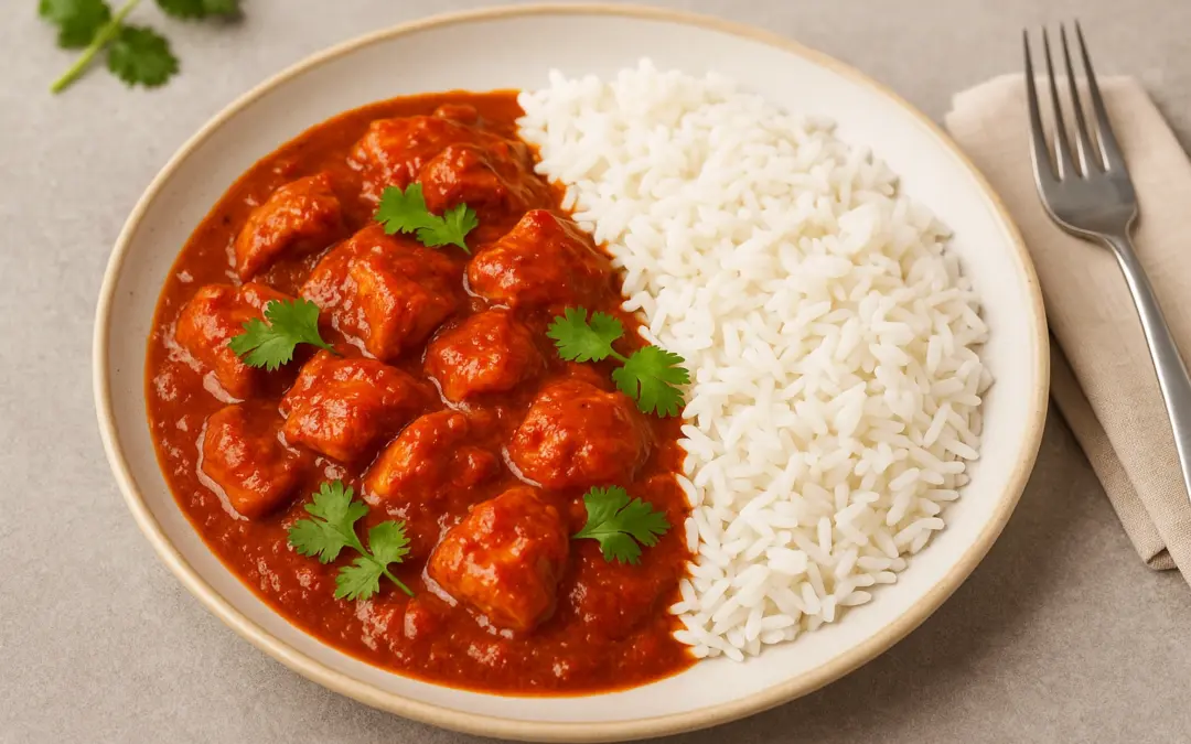 Chicken Madras with hot red curry sauce, coriander and rice, shown in Donzella Wines’ UK guide to the best wine with Chicken Madras