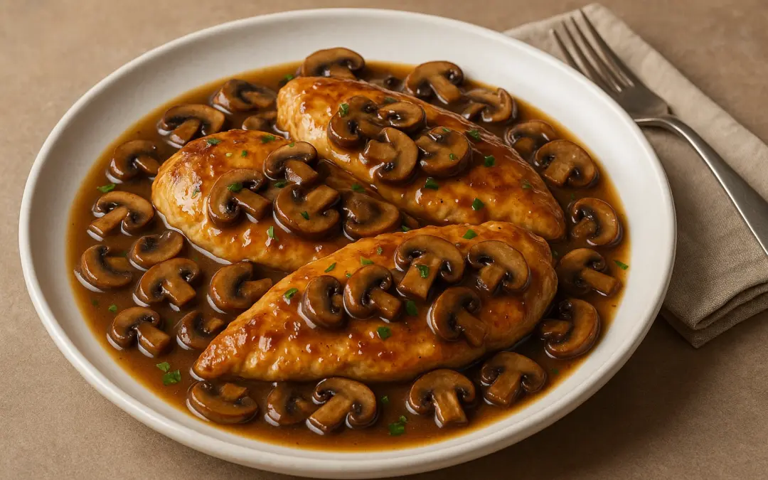 Chicken breast with mushrooms in glossy Marsala sauce, shown in Donzella Wines’ UK food and wine pairing guide for Chicken Marsala