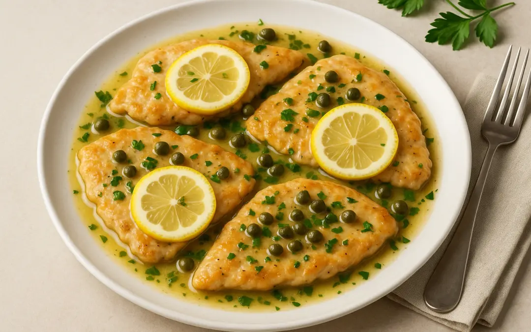 Thin chicken cutlets with lemon, capers, parsley and butter sauce, shown in Donzella Wines’ UK guide to the best wine with Chicken Piccata