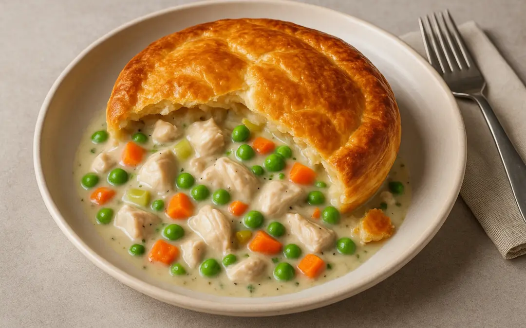 Classic chicken pie with creamy filling, vegetables and golden pastry, shown in Donzella Wines’ UK food and wine pairing guide for Chicken Pie