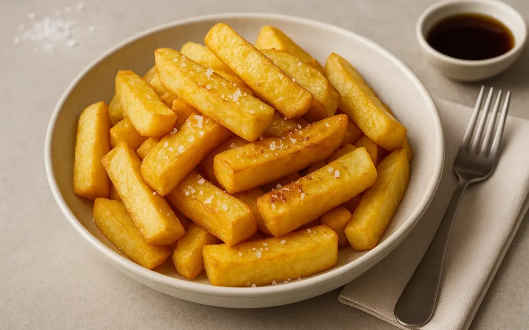 A generous portion of thick-cut British chips with salt and malt vinegar, photographed for Donzella Wines’ UK Italian wine pairing guide to Chips