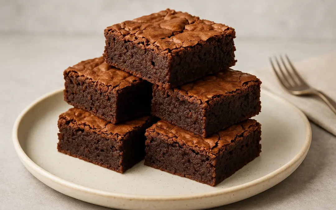 Fudgy chocolate brownies stacked with cracked tops, shown in Donzella Wines’ UK guide explaining what wine goes with Chocolate Brownie