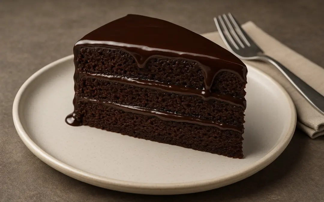 Rich layered chocolate cake with glossy ganache, shown in Donzella Wines’ UK food and wine pairing guide for Chocolate Cake