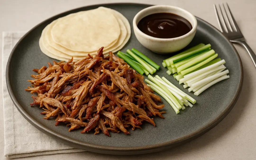 Crispy shredded duck with thin pancakes, cucumber, spring onion and hoisin, photographed for Donzella Wines’ UK Italian wine pairing guide to Crispy Duck Pancakes