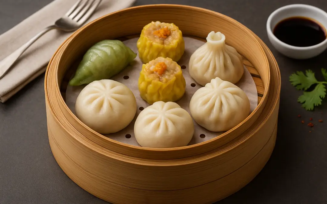Bamboo steamer basket of assorted dim sum dumplings and buns, shown in Donzella Wines’ UK guide to the best wine with Dim Sum