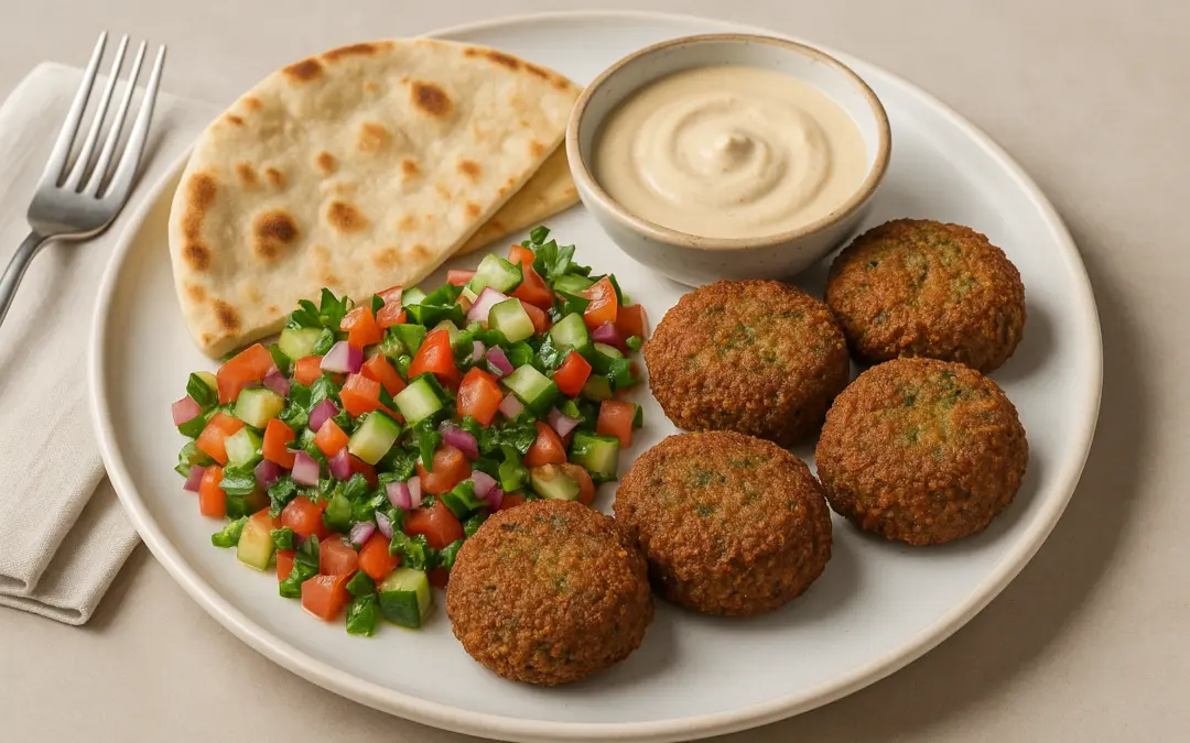 Crispy falafel with tahini, chopped salad and flatbread, shown in Donzella Wines’ UK guide explaining what wine goes with Falafel
